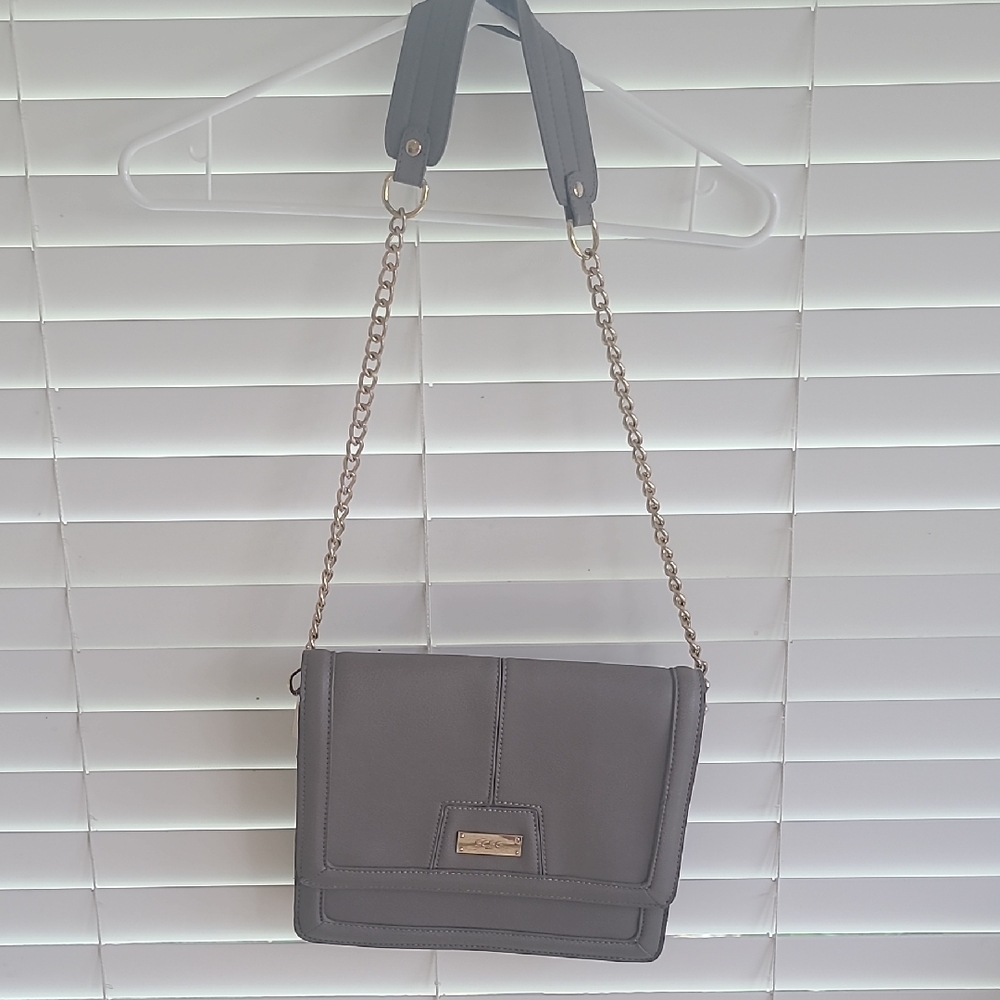 BCBG Gray Crossbody Bag with Chain Strap and Flap Closure